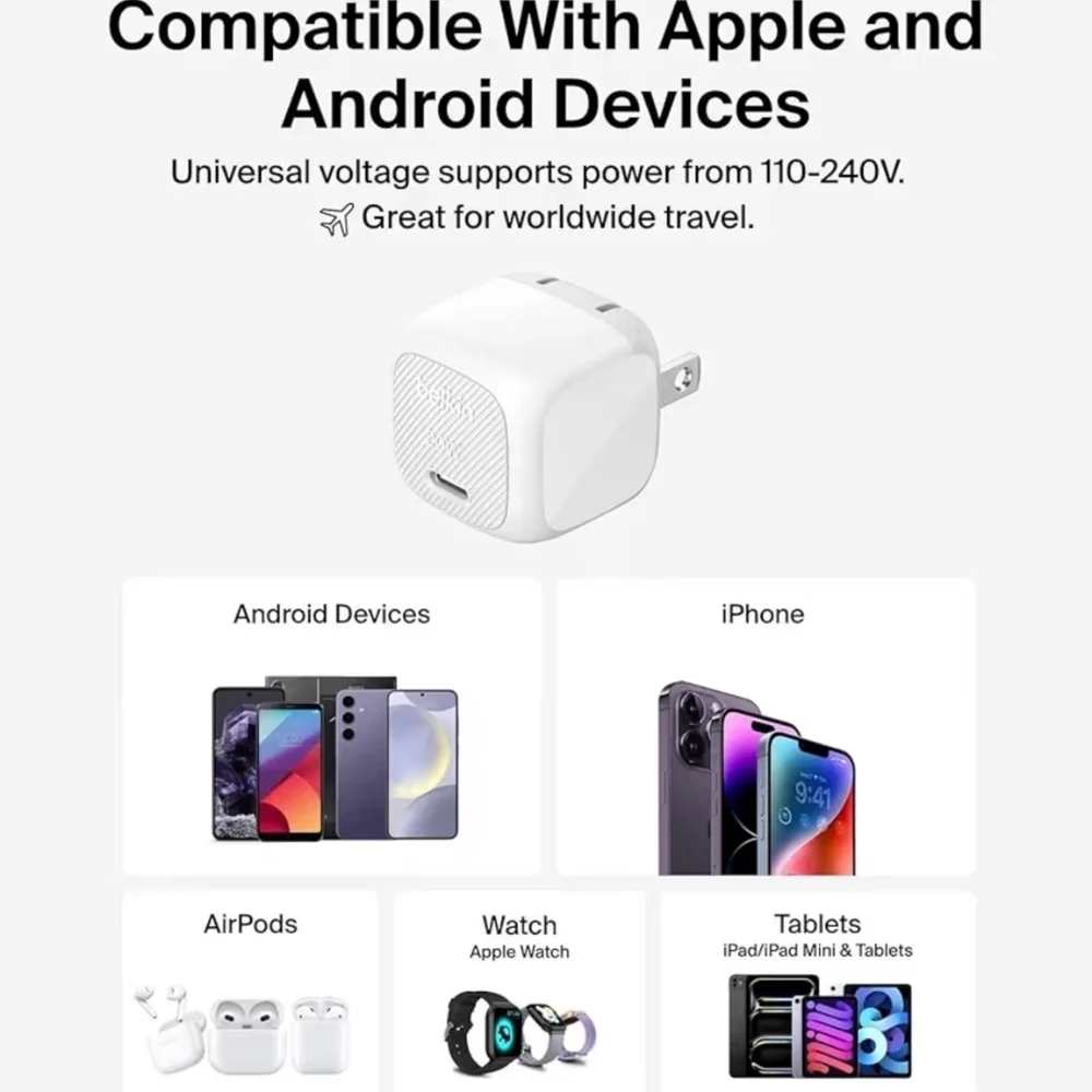 Belkin USB-C 20W Compact Wall Charger + Samsung USB-C to USB-C Charging Cable
